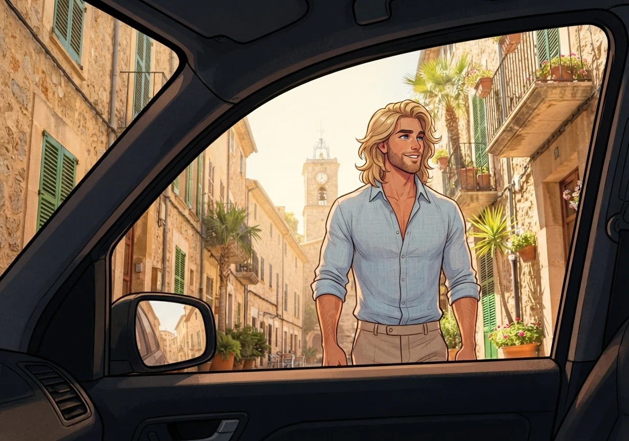 Le Viking, grand homme blond aux cheveux mi-longs et à la chemise bleu clair, descend une rue ensoleillée du Sud, le regard au loin.