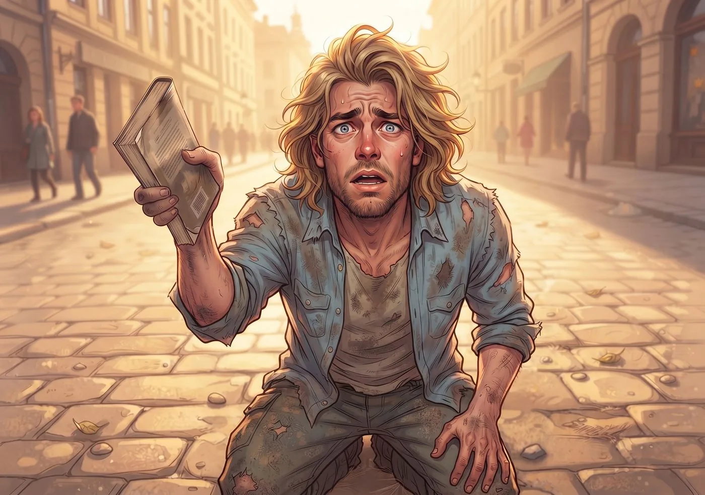 Le Viking à genoux au milieu d'une rue pavée, terrifié, tendant le livre à bout de bras.