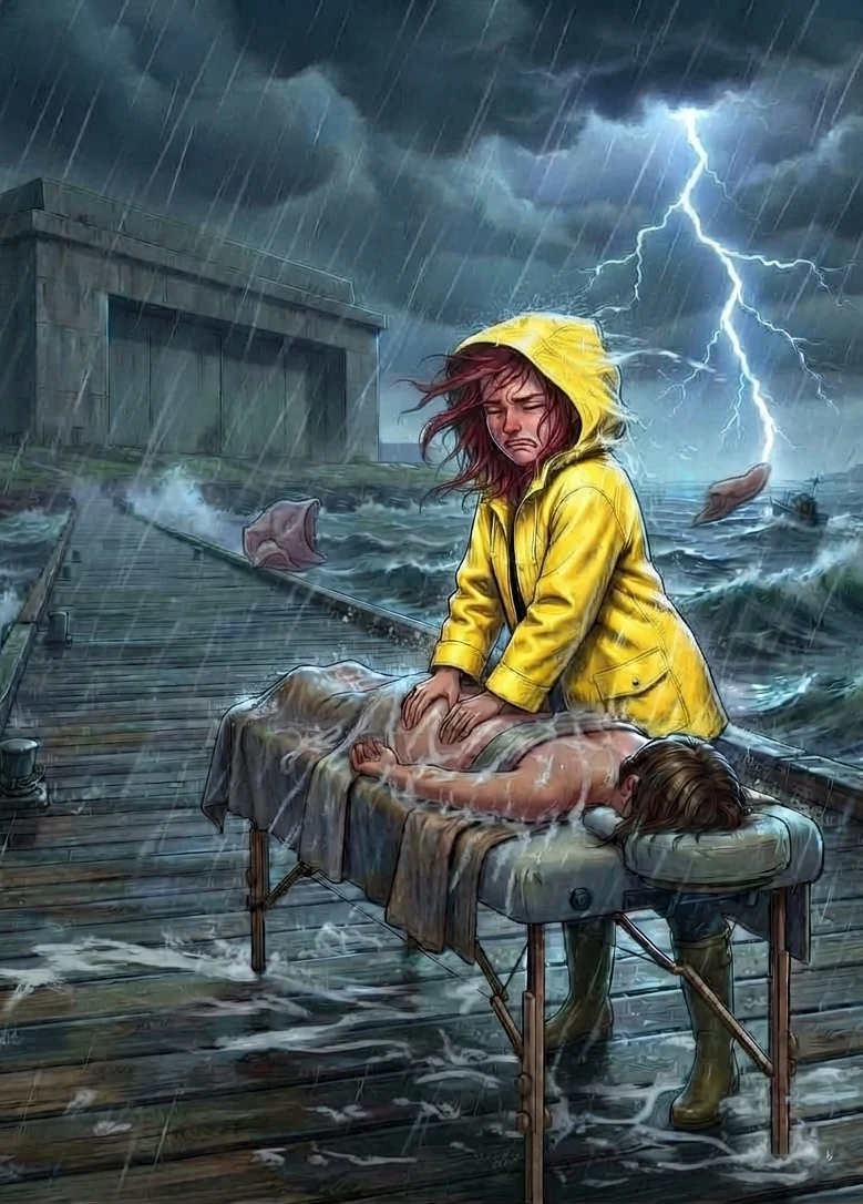 Chapitre 11 du roman Le Hamac et les Colibris : en ciré jaune et bottes de pêcheur, Coraline masse un client trempé sur un ponton, en pleine tempête, devant le hangar du Viking.