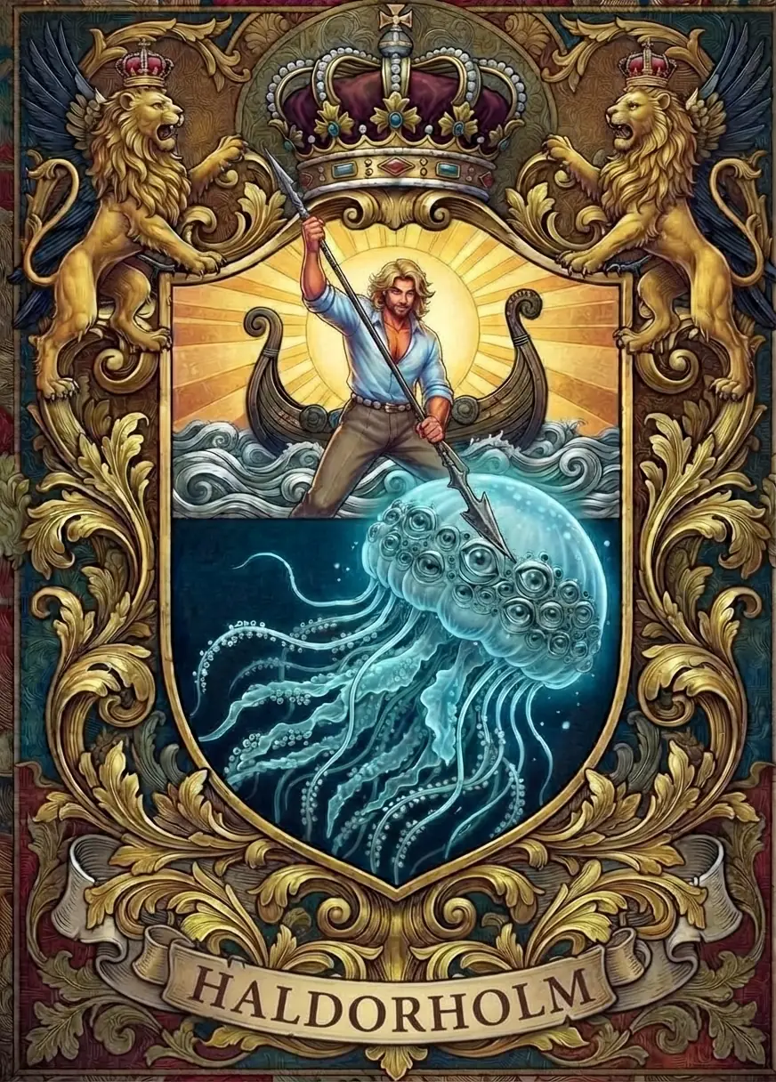 Chapitre 11 du roman Le Hamac et les Colibris : le blason des Haldorholm, couronné et gardé par deux lions d'or, où le Viking, lance de fer à la main, terrasse une méduse-boîte devant son drakkar.