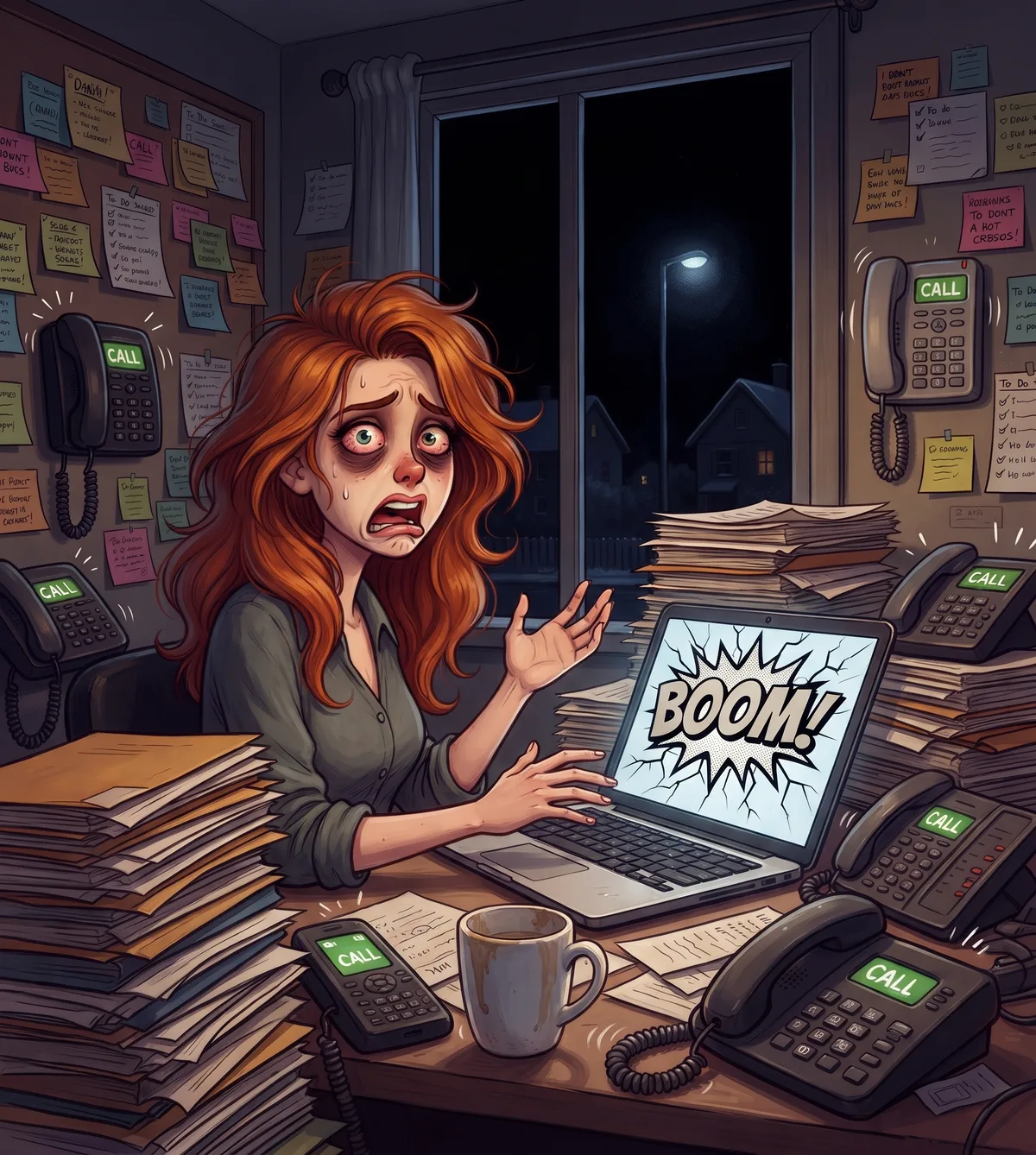 Chapitre 29 du roman Le Hamac et les Colibris : mission impossible — la nuit, Coraline épuisée devant son ordinateur qui affiche BOOM, entourée de dossiers, de post-it et de téléphones qui sonnent.