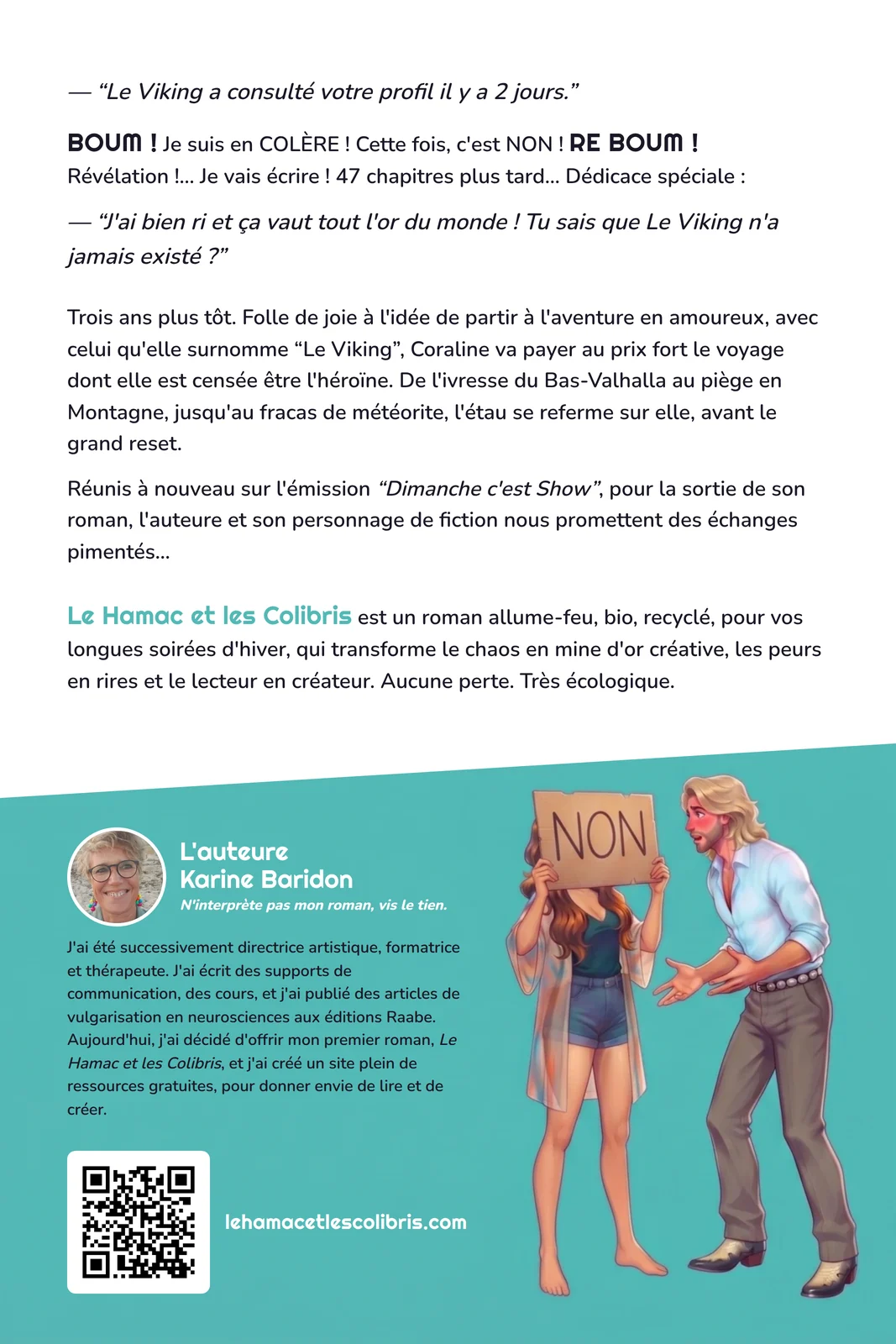 Dos de couverture du roman Le Hamac et les Colibris, de Karine Baridon