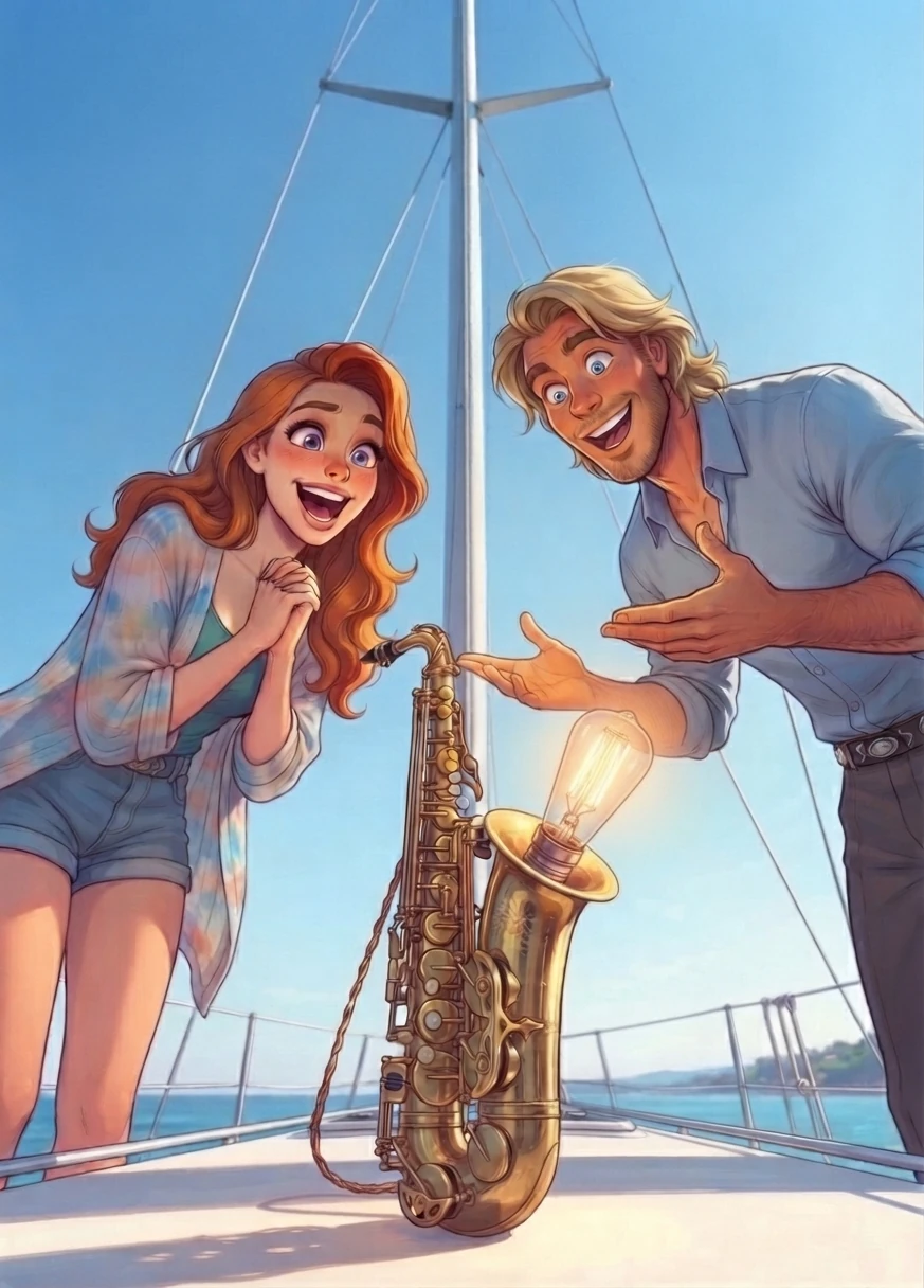 Le saxophone transformé en lampe, sur le pont du bateau