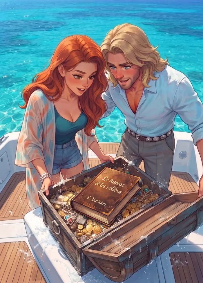 Coraline et Le Viking ouvrent un coffre au trésor rempli de pièces d'or et du roman Le Hamac et les Colibris