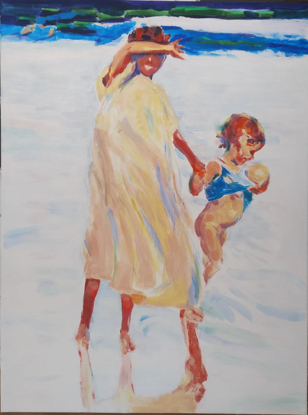 Peinture de Karine Baridon : deux sœurs marchant sur une plage blanche, la mer en bandes bleues, d'après Sorolla.