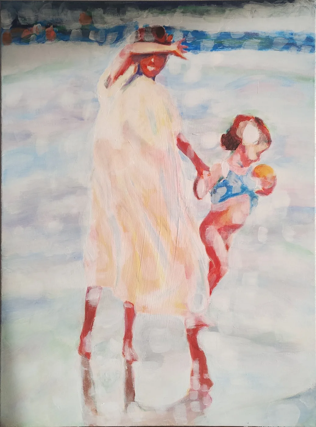 Peinture de Karine Baridon : deux sœurs sur la plage, tout en blancs voilés, d'après Sorolla.