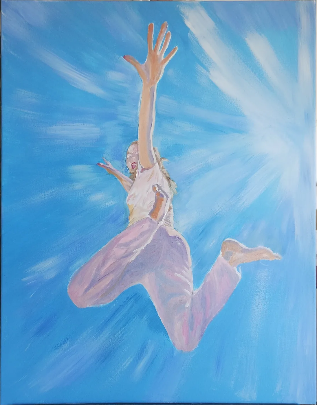 Peinture de Karine Baridon : une danseuse en vol, bras tendus vers une lumière, sur un ciel bleu.