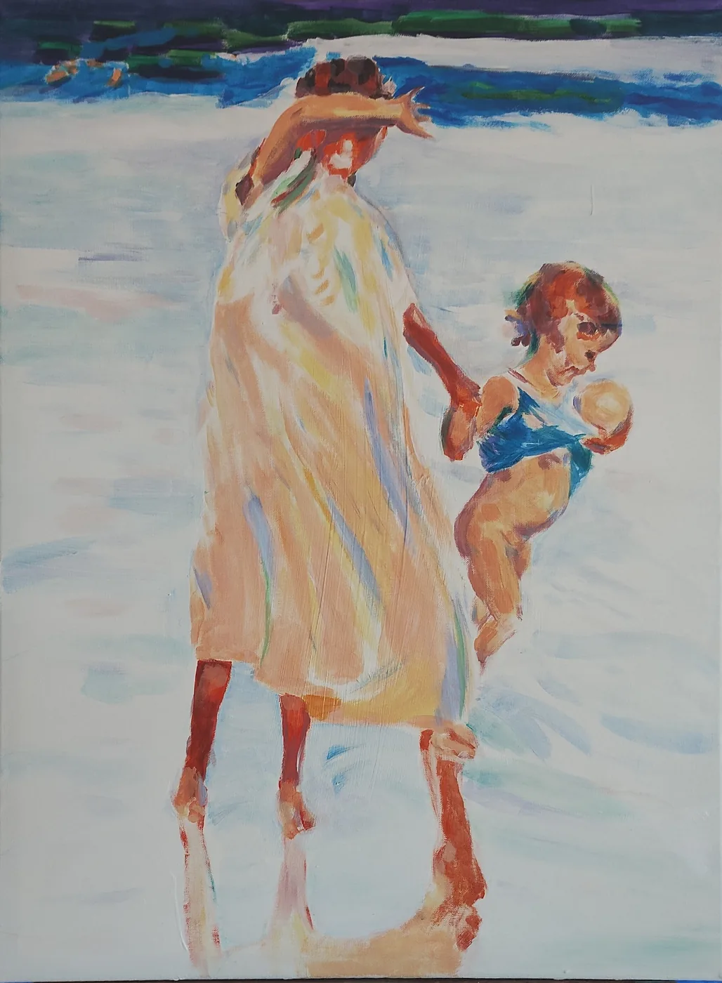 Peinture de Karine Baridon : deux sœurs sur le sable clair, robe crème et maillot bleu, d'après Sorolla.