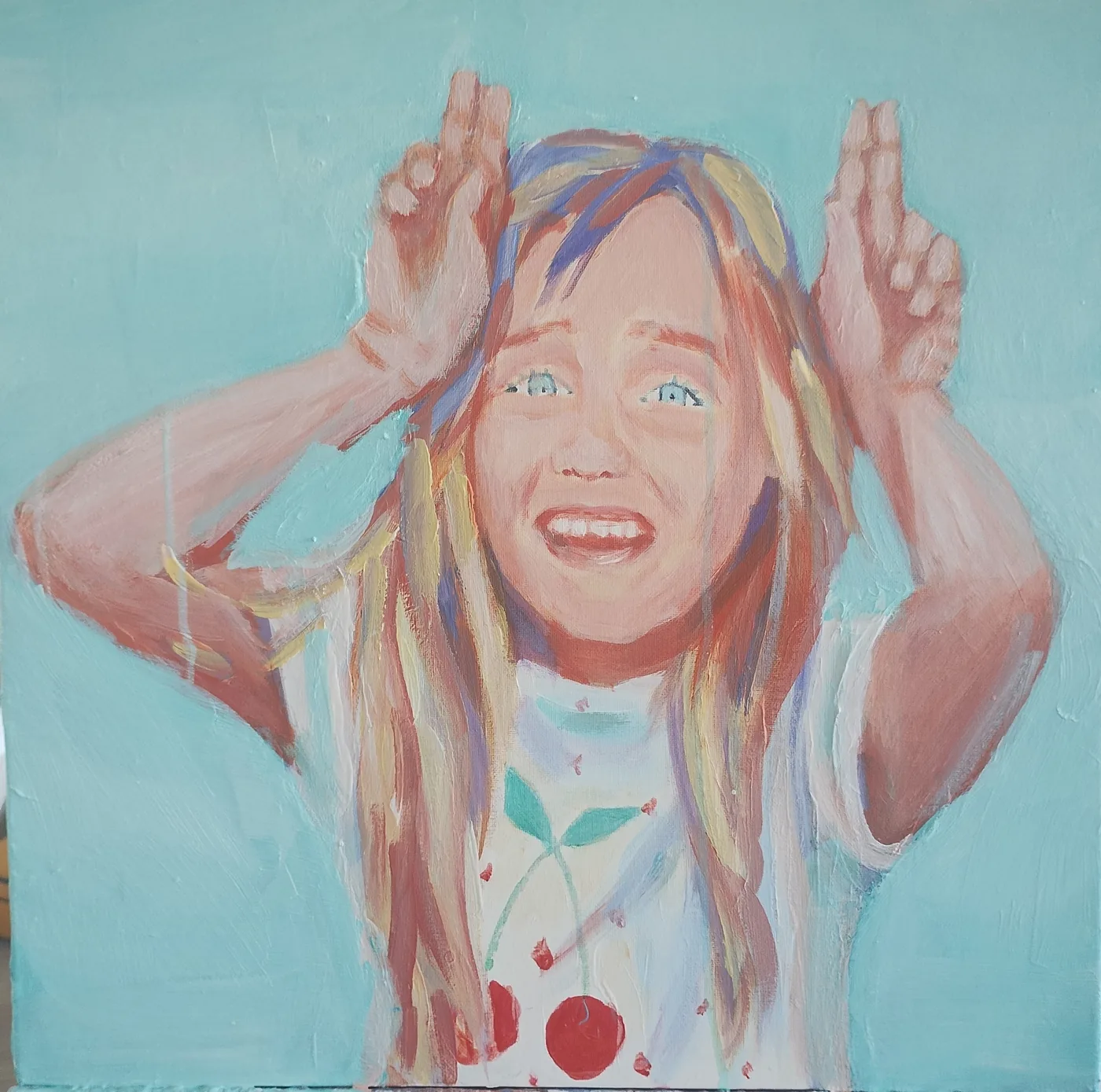 Une peinture de Karine Baridon : une fillette rit aux éclats.