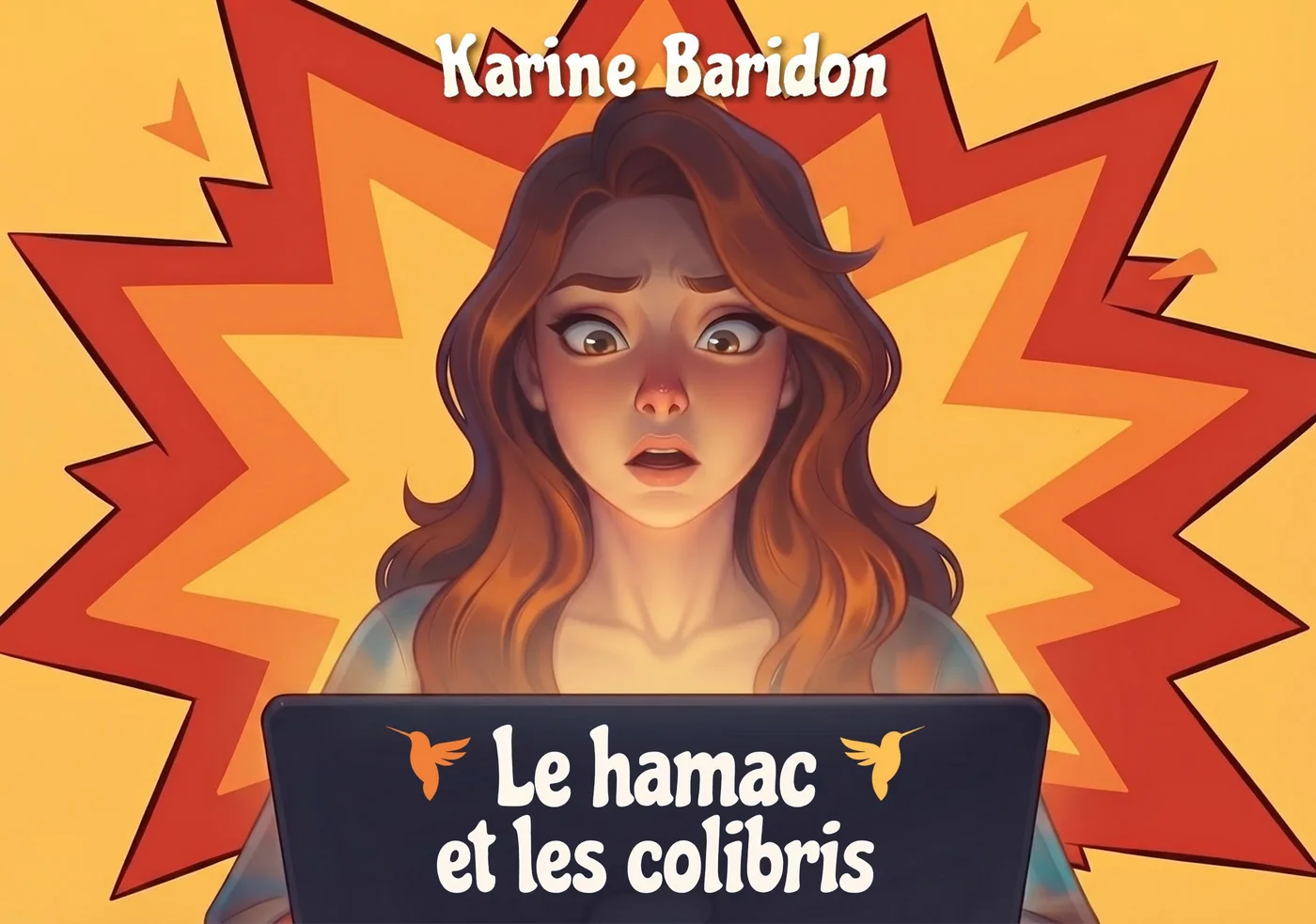 Affiche BOUM du roman Le Hamac et les Colibris : Coraline, les yeux écarquillés, jaillit d'une explosion orange et jaune, le titre dans un bandeau noir.