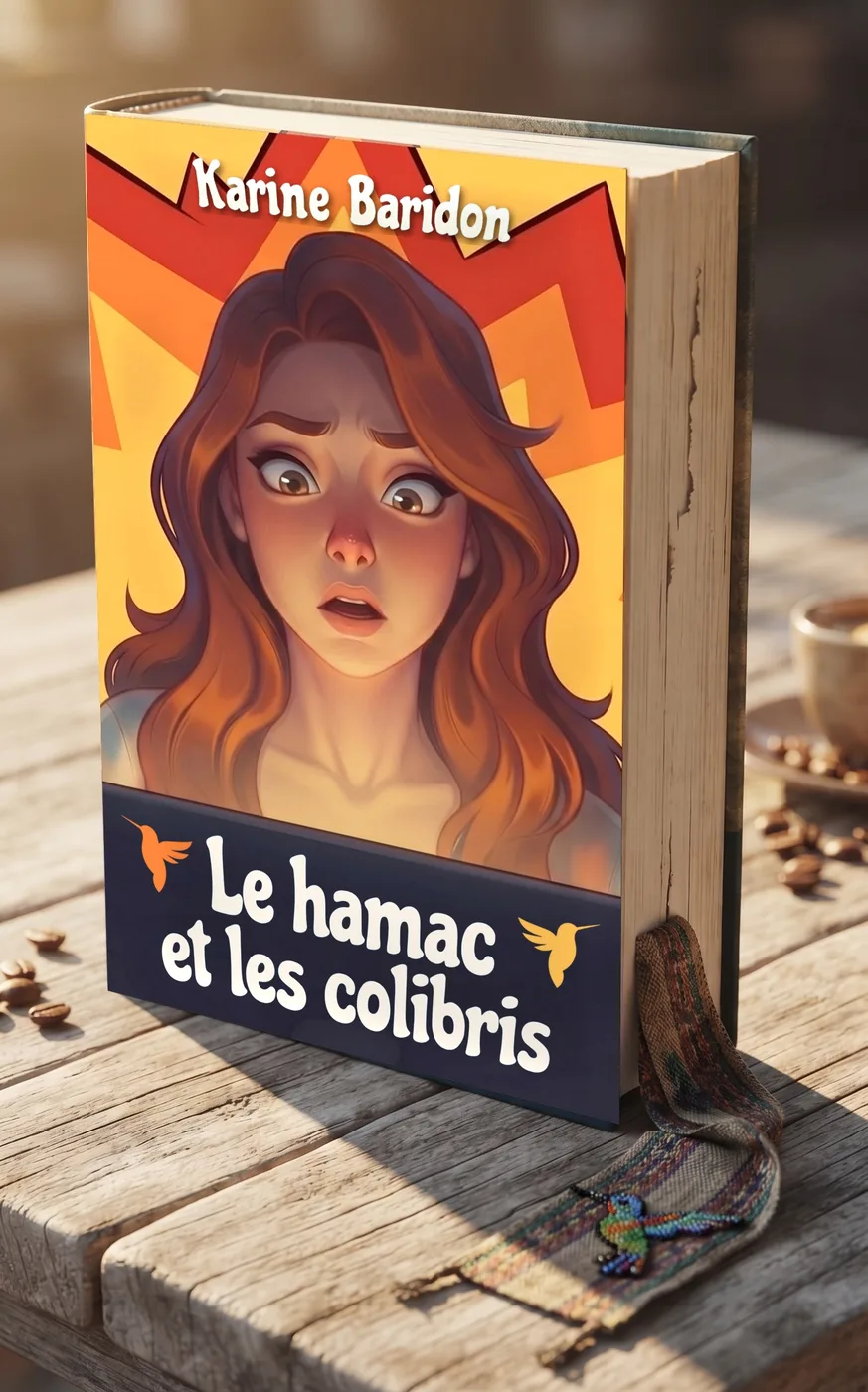 Le roman Le Hamac et les Colibris en version BOUM, livre posé debout sur une table en bois.