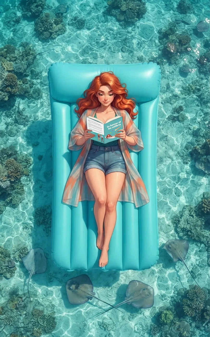 Coraline allongée sur un matelas gonflable dans l'eau turquoise lit le roman Le Hamac et les Colibris.