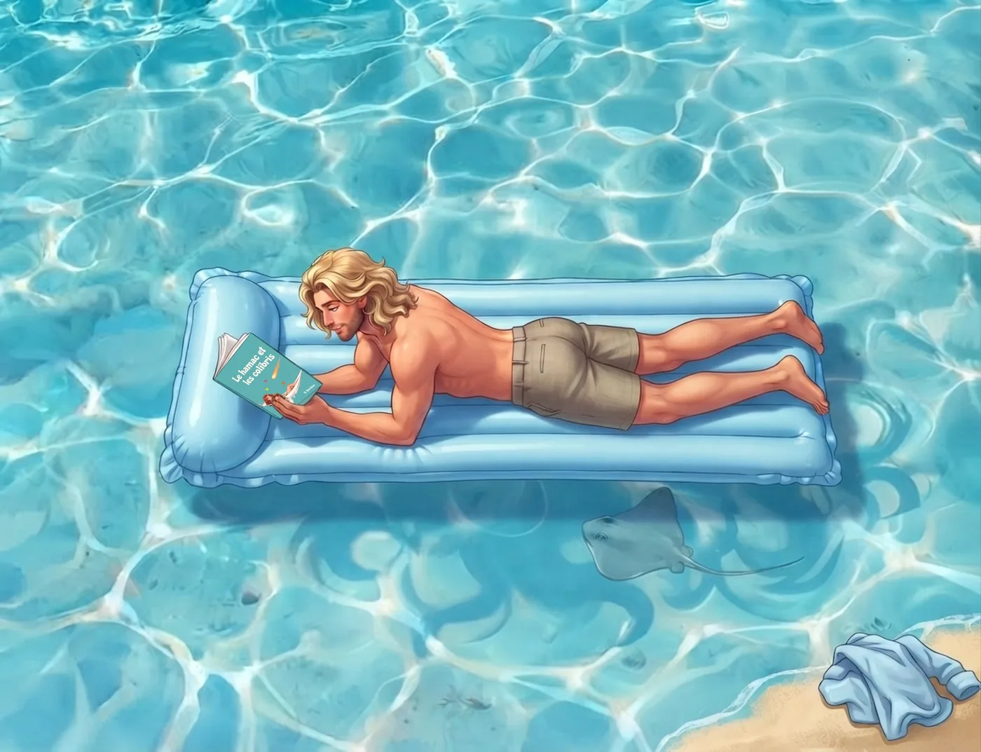 Le Viking allongé sur le ventre sur un matelas gonflable lit le roman Le Hamac et les Colibris, short beige.