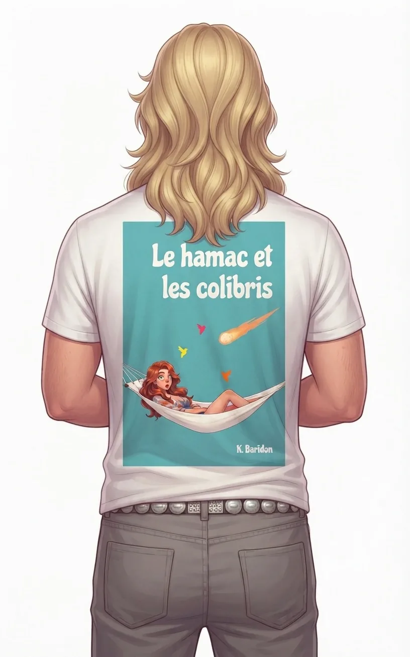 Le Viking de dos porte le tee-shirt imprimé de la couverture du roman Le Hamac et les Colibris.