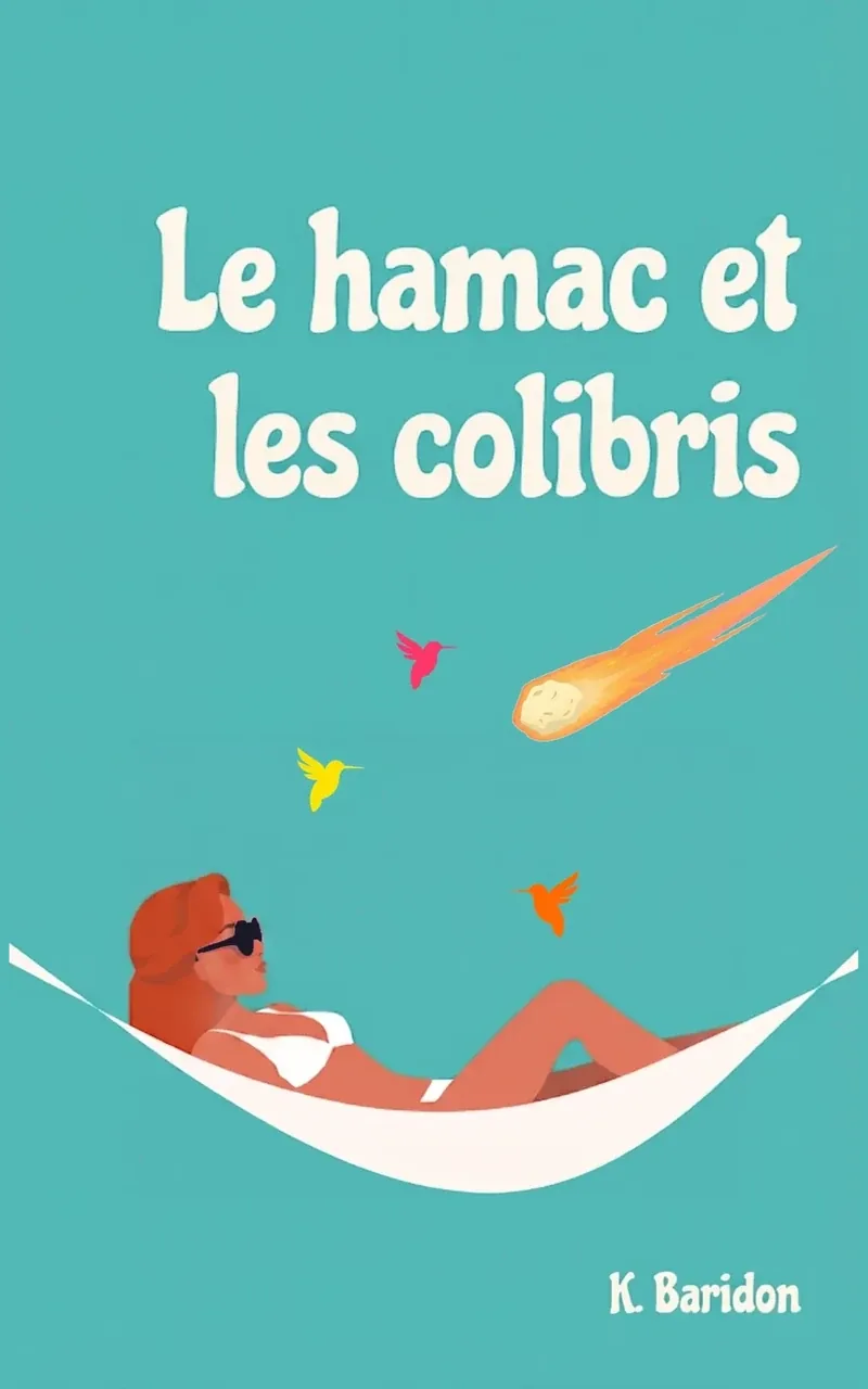 Essai de couverture du roman Le Hamac et les Colibris : Coraline en lunettes de soleil dans un hamac blanc sur fond turquoise.