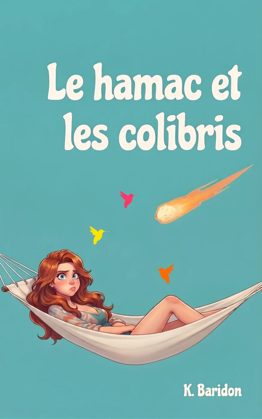 Essai de couverture du roman Le Hamac et les Colibris : Coraline inquiète dans un hamac blanc sur fond turquoise.