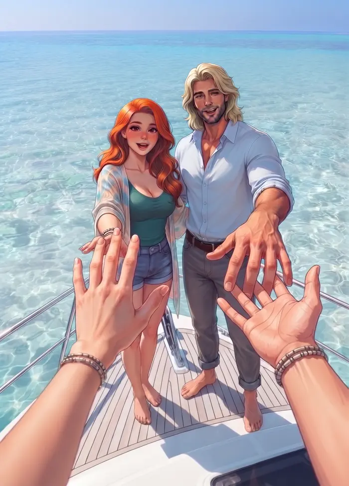 Coraline et le Viking, debout à l’avant du bateau, tendent les mains vers celles du lecteur
