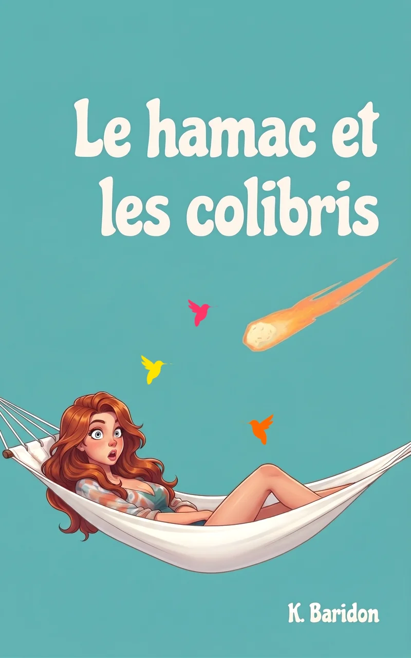Couverture du roman Le Hamac et les Colibris, de Karine Baridon — une femme rousse allongée dans un hamac blanc sur fond turquoise, trois colibris de couleur au-dessus d'elle, et une comète traverse le ciel