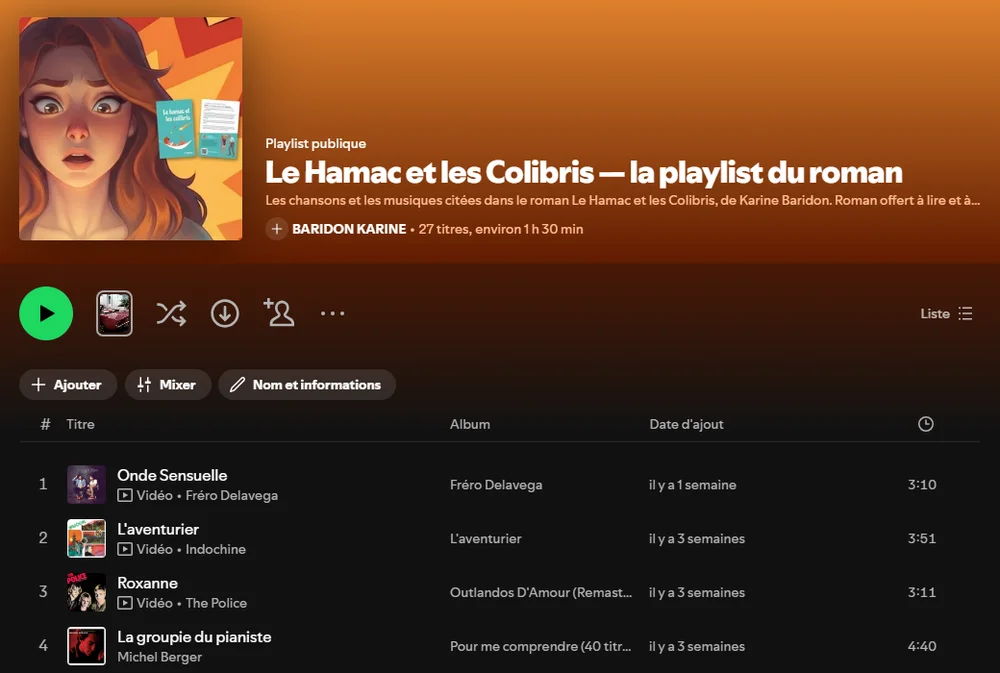 Aperçu de la playlist Spotify du roman Le Hamac et les Colibris
