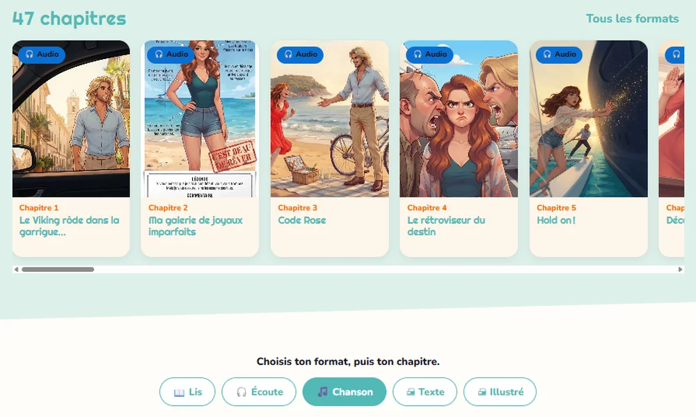 Aperçu du livre audio sur le site, un numéro par chapitre