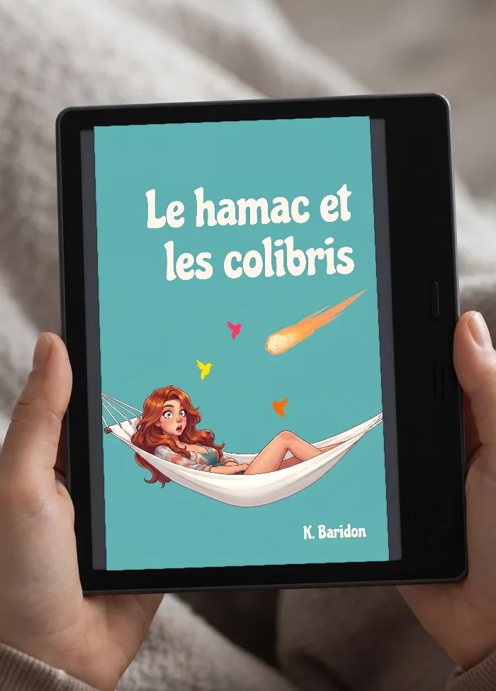 Le roman Le Hamac et les Colibris sur une liseuse, tenue a deux mains