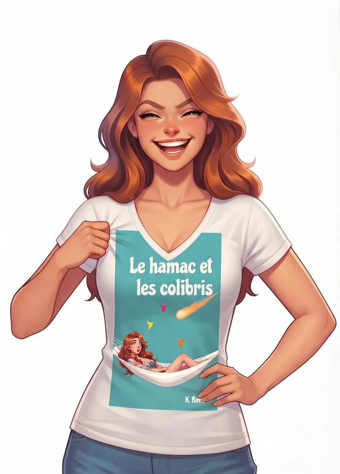 Coraline éclate de rire et montre le tee-shirt à la couverture du roman Le Hamac et les Colibris