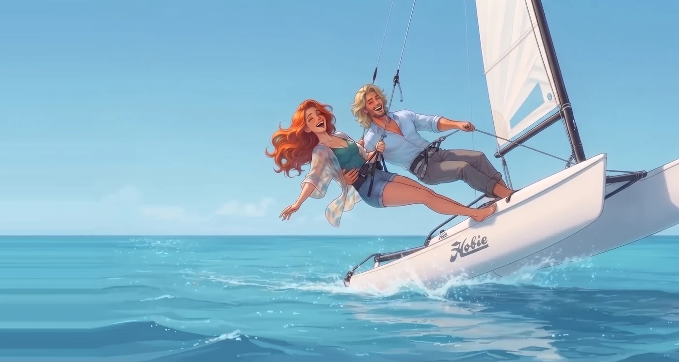 Coraline Solemare et l'homme blond au trapèze d'un catamaran lancé au vent, illustration du roman Le Hamac et les Colibris