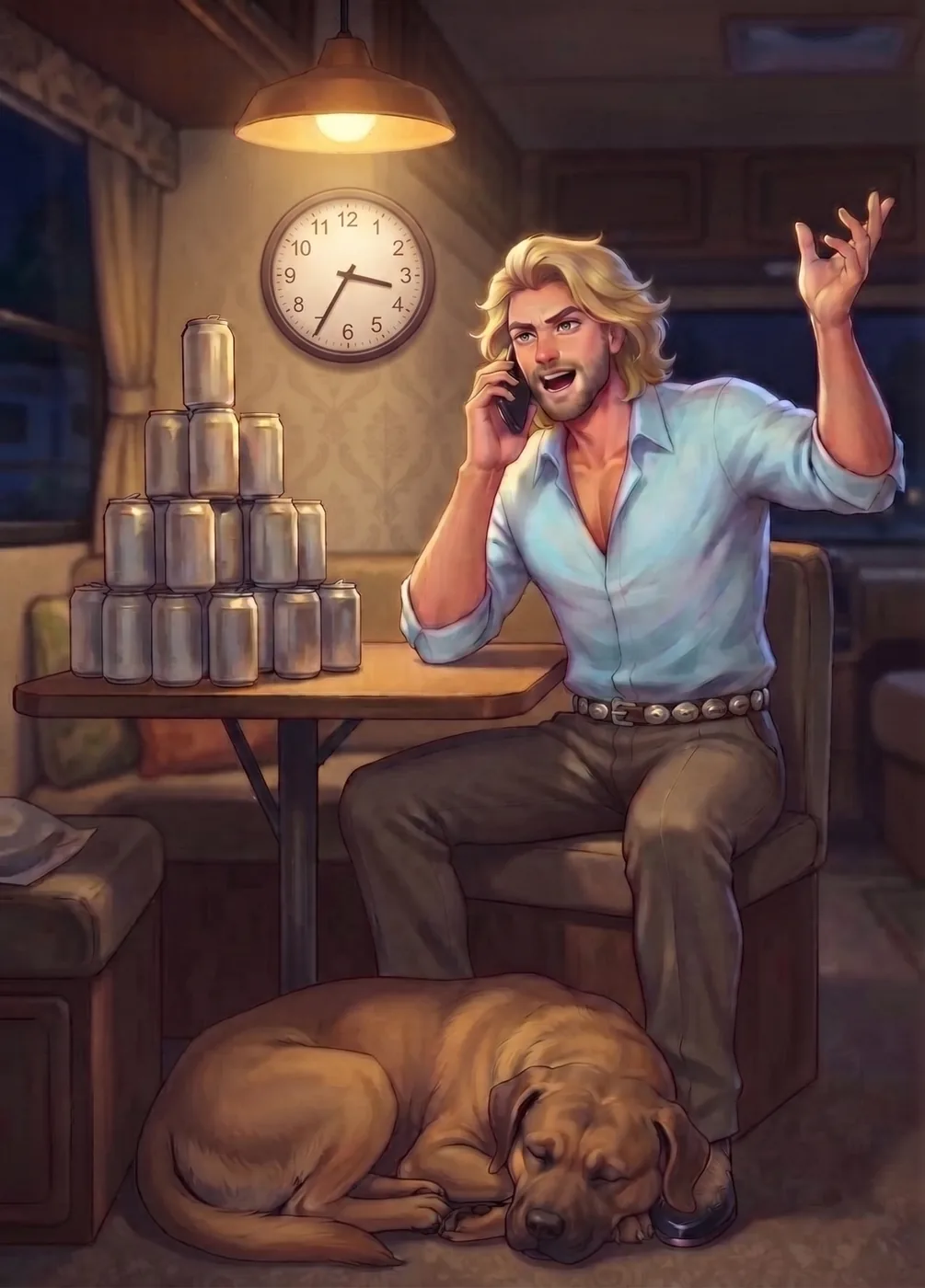 Le Viking au téléphone la nuit dans son drak-car, un bras en l'air, devant une pyramide de canettes de bière, son chien Big Dog endormi à ses pieds.
